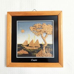 Cork Diorama Framed Wall Art Sailboat Moon Tree Landscape Scene Italy